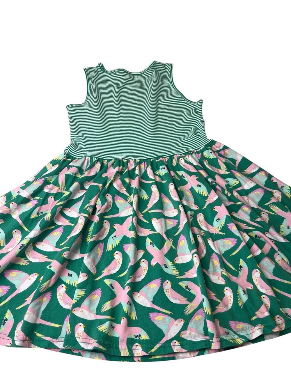 Tea Girls Size 12 Mixed Print Birds/Stripes Green/Pink Sleeveless Skater Dress